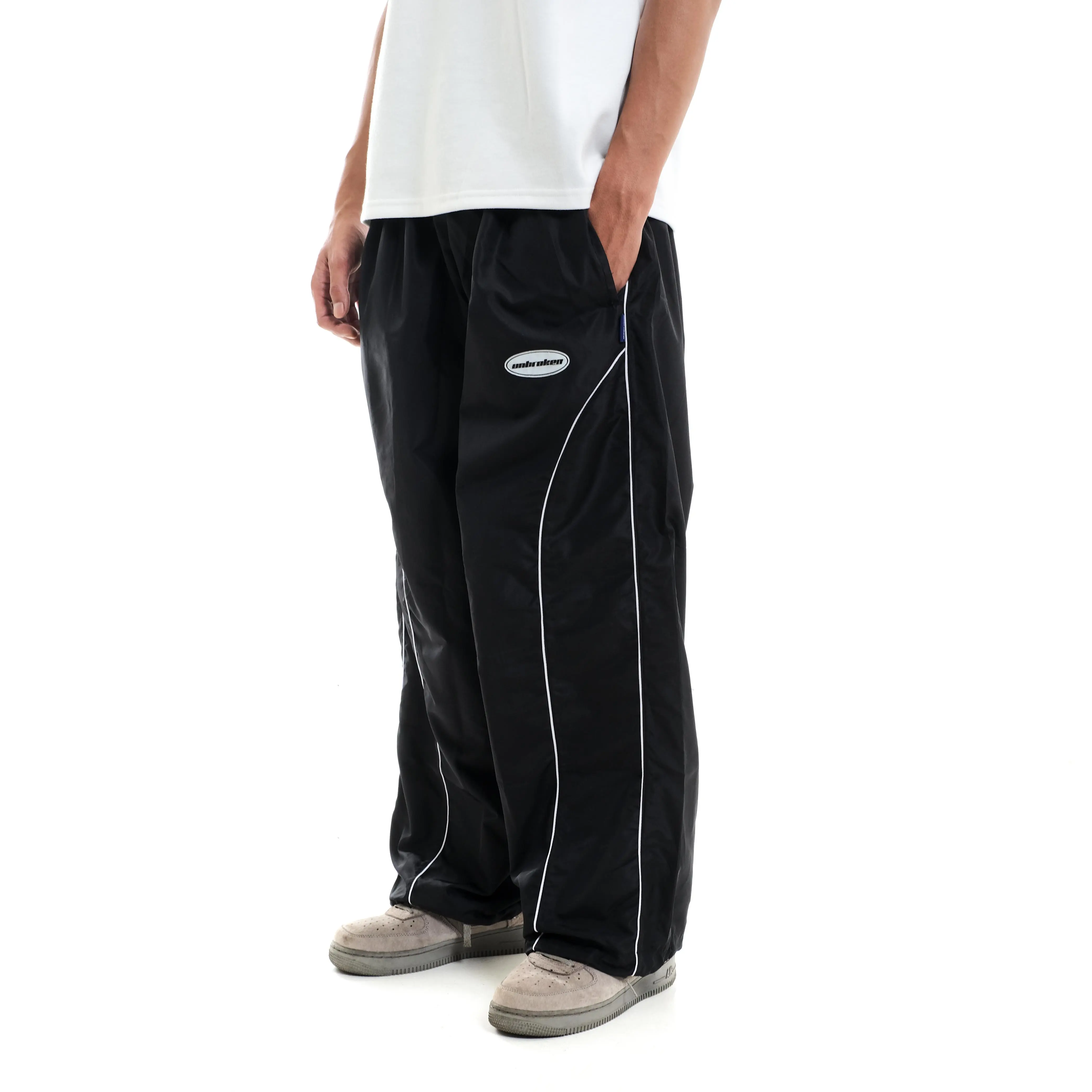 Unbroken Official Celana Parachute Stripe Panjang Loose Pants Hitam Basic Casual Dewasa Tebal Pria Distro baggy scena y2k lokal legged trousers sweatpants  Stretch  Straight