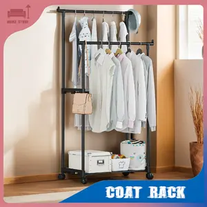 Coat Racks Bedroom Telescopic Floor Hangers Movable Double Rod Coat Racks Wheeled Hanger Multifunctional Shoe Hat Storage Rack