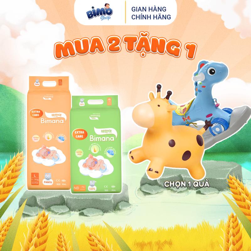 (2E) [TẶNG NGỰA BẬP BÊNH/ THÚ NHÚN PHÁT NHẠC] Combo 2 Bịch Tã/ Bỉm BIMANA EXTRA CARE Thấm Hút Nhanh, Mỏng Nhẹ, Êm Ái Cho Bé Từ NB Đến 4XL