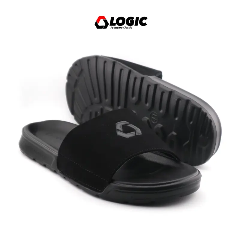 Logic - Sandal Slide On Pria Logo Black Simple Shoes Sendal 1