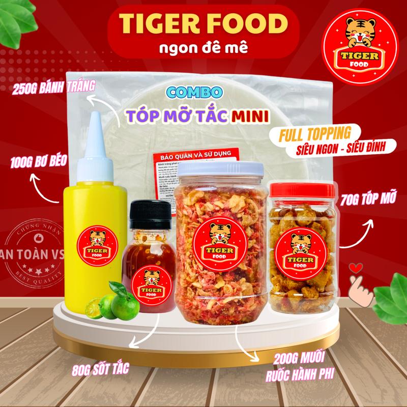 Bánh tráng phơi sương tóp mỡ TIGER FOOD Combo TÓP MỠ TẮC MINI gồm Bánh tráng + muối ruốc hành phi + tóp mỡ + bơ béo + Nước Sốt tắc Chua ngọt FREESHIP - Đồ ăn vặt Cay
