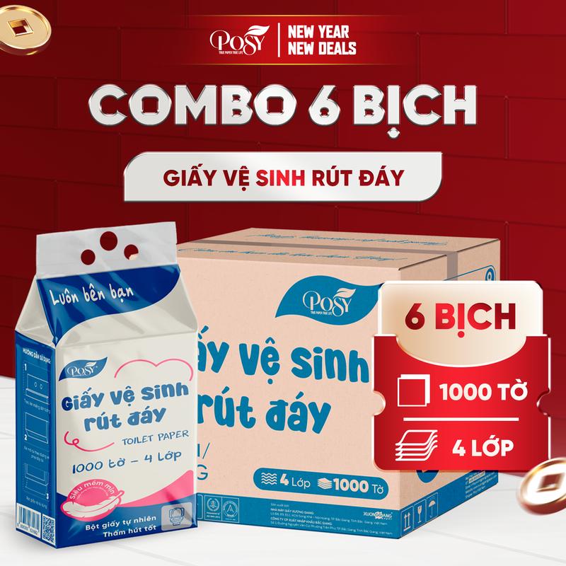 Posy - DEAL MỞ BÁN _S1 Thùng 6 Bịch Giấy Vệ Sinh Rút Đáy 1000 Tờ 4 Lớp Mềm Dai Thấm Hút Chất Liệu Bột Giấy Nguyên Sinh An Toàn Cho Da
