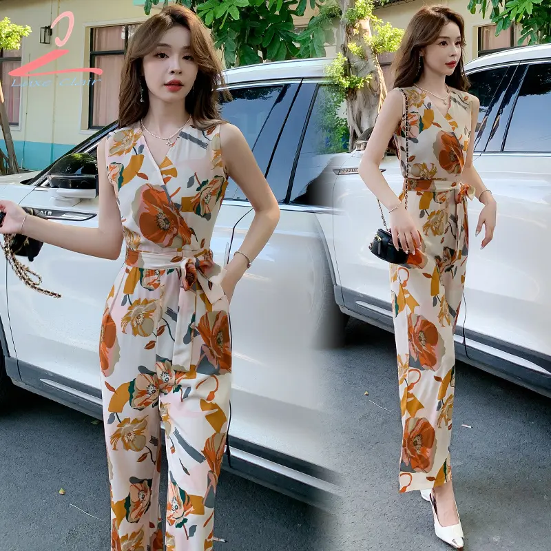 Jumpsuit quần in hoa, lưng cao, ôm vừa vặn, cổ chữ V, cạp chun, phong cách Hàn Quốc, thanh lịch, quần ống rộng, thích hợp cho nữ, trang phục công sở, đi nghỉ, thoải mái, thời trang, hè mới 2025 đồ  bay