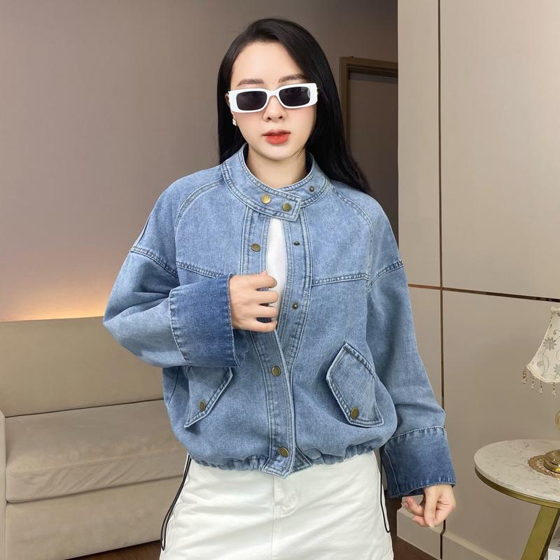 Áo khoác Jean nữ cổ tàu dáng ngắn bo gấu rút dây QC sẵn 4 túi Có Túi Trong mới 1