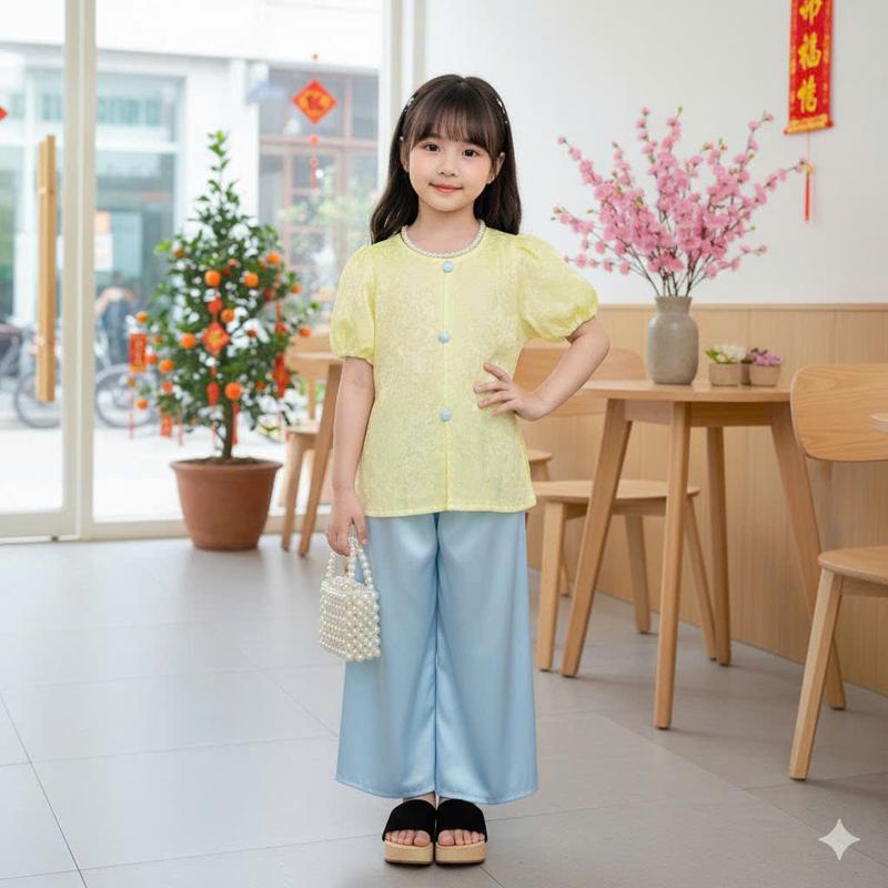 Set bộ áo bà ba tay bí nút bọc màu phối quần gấm lụa cho bé gái từ 10-35kg