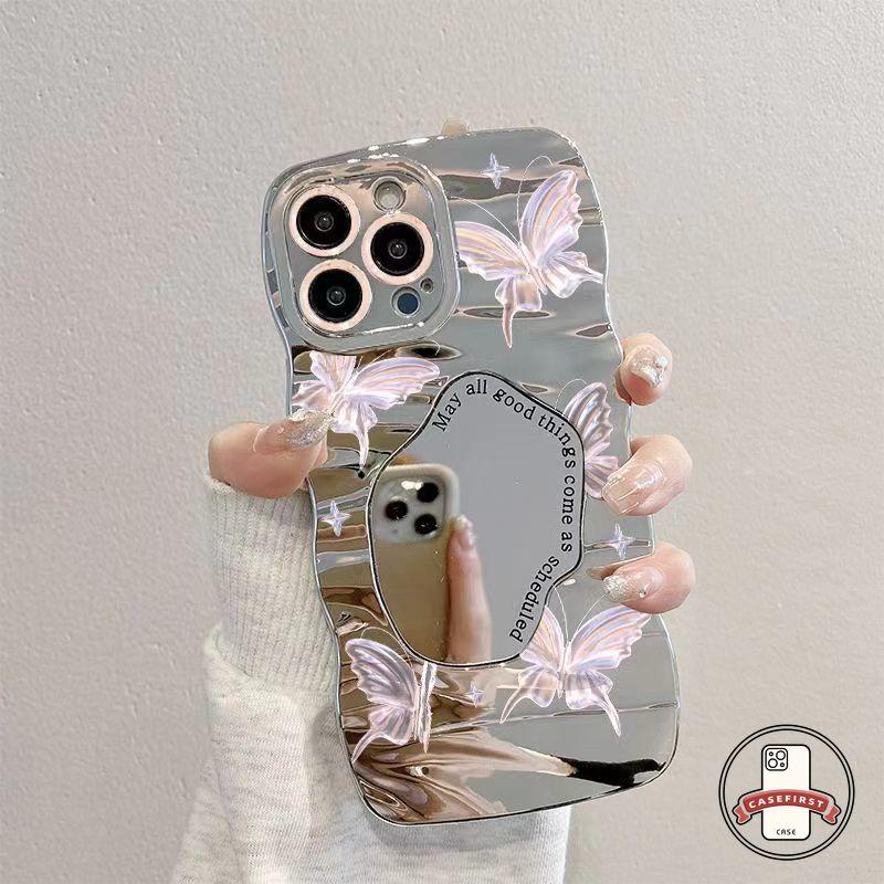 Casing Cermin Rias Mewah Kupu-kupu Merah Muda Fantasi Untuk Redmi 9A 10A 10C 9T 9C Nfc Redmi Note 11 9 10S 12 11S 8 10 Pro 11Pro 12Pro Plus POCO X3 NFC M3 Pro X5 Casing Tepi Bergelombang Huruf Modis 2