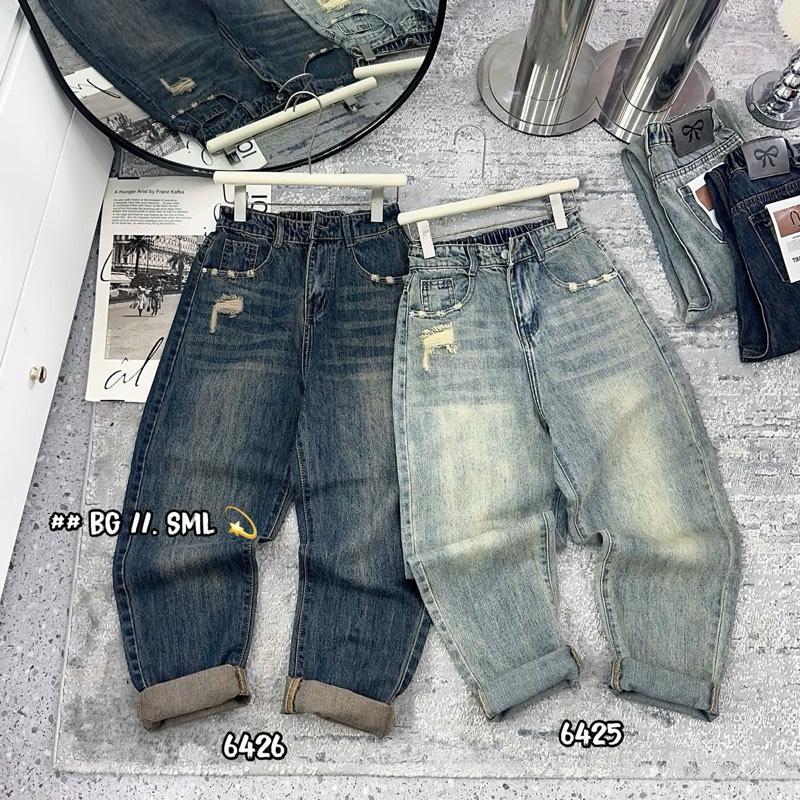|BG003| - Quần Baggy Jean Nữ Lưng thun tem nơ 6425-6426 9 Tấc Không Co Giãn Women Denim Pants