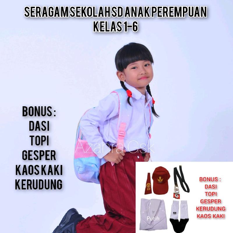 Seragam Sekolah SD Merah Putih Anak Perempuan Satu Set Lengkap Isi Topi Dasi Gesper Kaos Kaki Kerudung Kelas 1-6 Best Quality Bisa COD Setelan 0