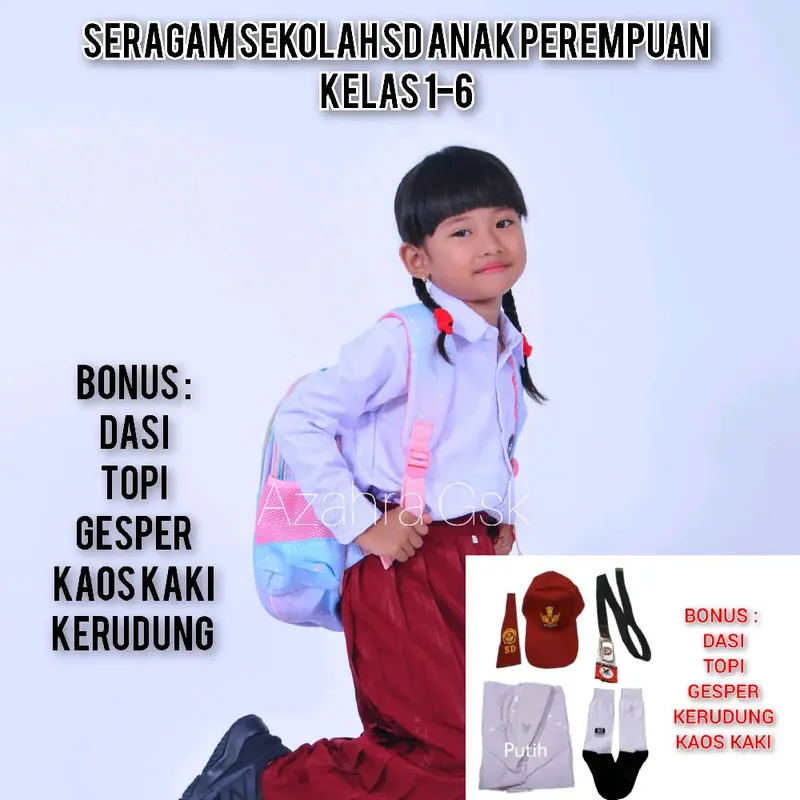 Seragam Sekolah SD Merah Putih Anak Perempuan Satu Set Lengkap Isi Topi Dasi Gesper Kaos Kaki Kerudung Kelas 1-6 Best Quality Bisa COD Setelan 0
