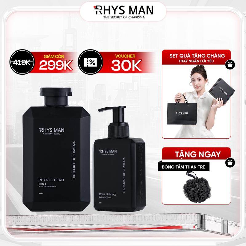 Combo Tinh Tế Rhys Man - Sữa tắm gội hương nước hoa cao cấp 350ml & Gel vệ sinh nam 100ml | Tặng : 1 Set Hộp & Túi Dưỡng Thể