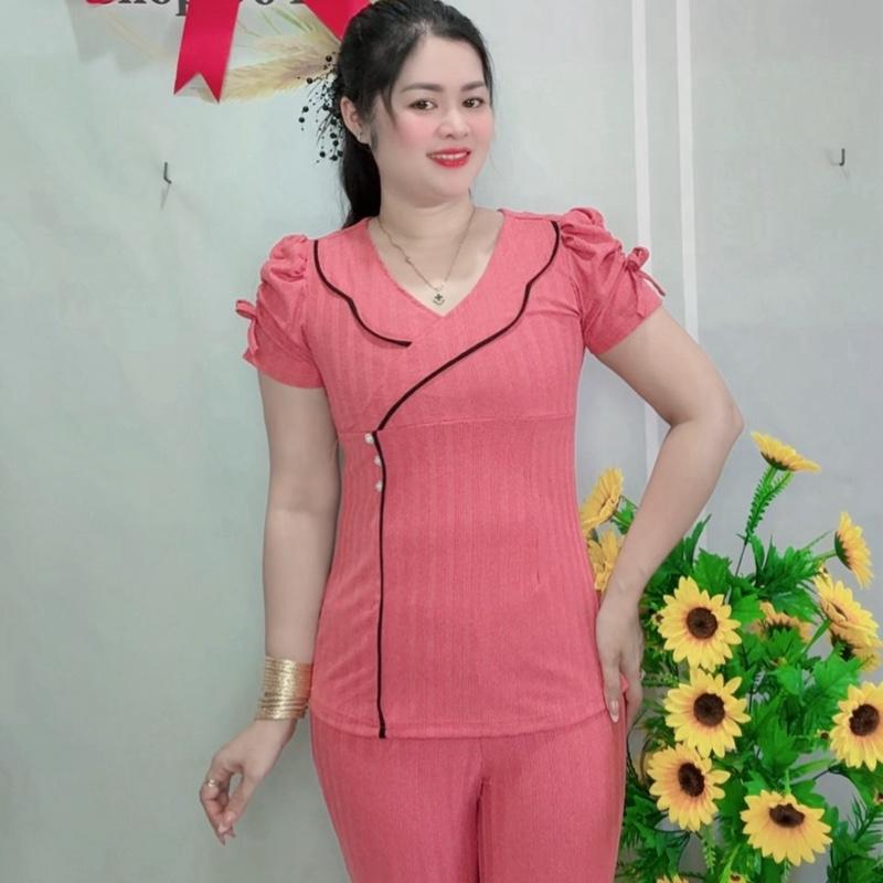 Bộ cỗ tròn quần dài ống ôm thun sọc nhật nhún bèo nhọn Kem cho nữ từ 45-75kg cổ vuông nhún bèo - Cổ Tròn - Áo