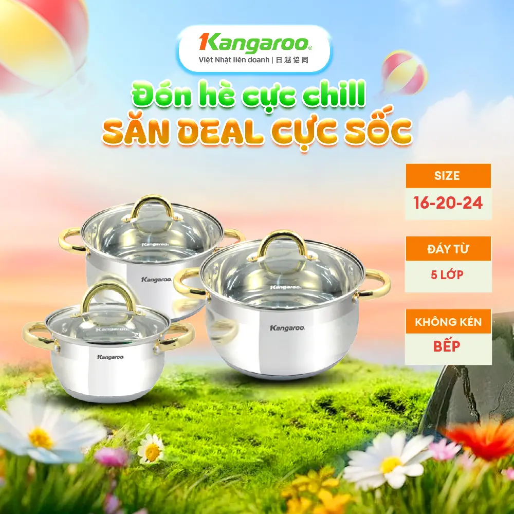 [ L ] [ DEAL HOT !!!] Bộ 3 nồi Inox Kangaroo dung tích 16-20-24cm KG866 - đáy từ 5 lớp cao cấp - nấu được mọi loại bếp .