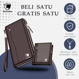 Bulyaby Pria Kulit Asli Dompet Ritslet Multifungsi Besar Kapasitas Anti-Magnet Anti-Penipuan Cocok untuk Bisnis Pengiriman 24 Jam