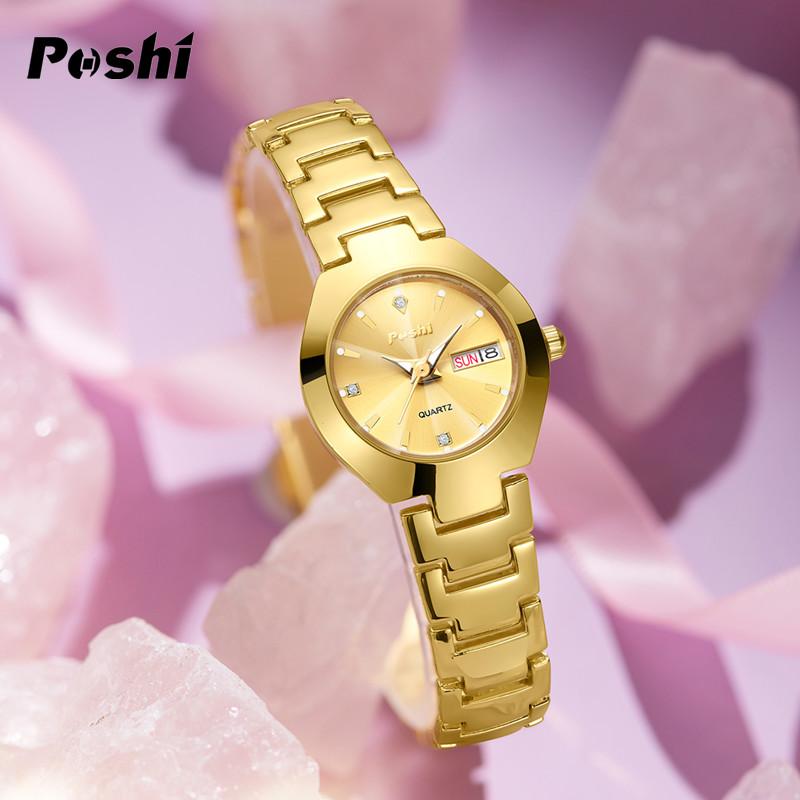Đồng Hồ Nữ Thạch Anh Relo Đa Năng Cho, Thời Trang Sang Trọng, Thương Hiệu POSHI, Không Thấm Nước, Mặt Số Nhỏ, Vàng, Hoàn Toàn Bằng Thép, Thường Ngày, Đồng Hồ Đeo Tay, Quà Tặng Giáng Sinh 3