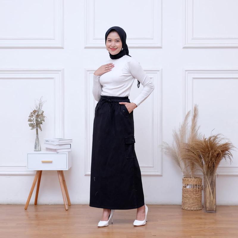 Cargo Twill Combed Street dengan Pinggang Karet dan Tali Serut - Nyaman Panjang Santai Wanita Casual Samping rok Pendek 1