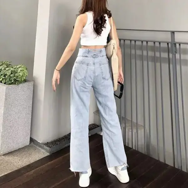 OZY STORE - Celana Jeans Wanita Highwaist Kancing 2 Model Belakang Silang Highwaist Bawahan Loose 1