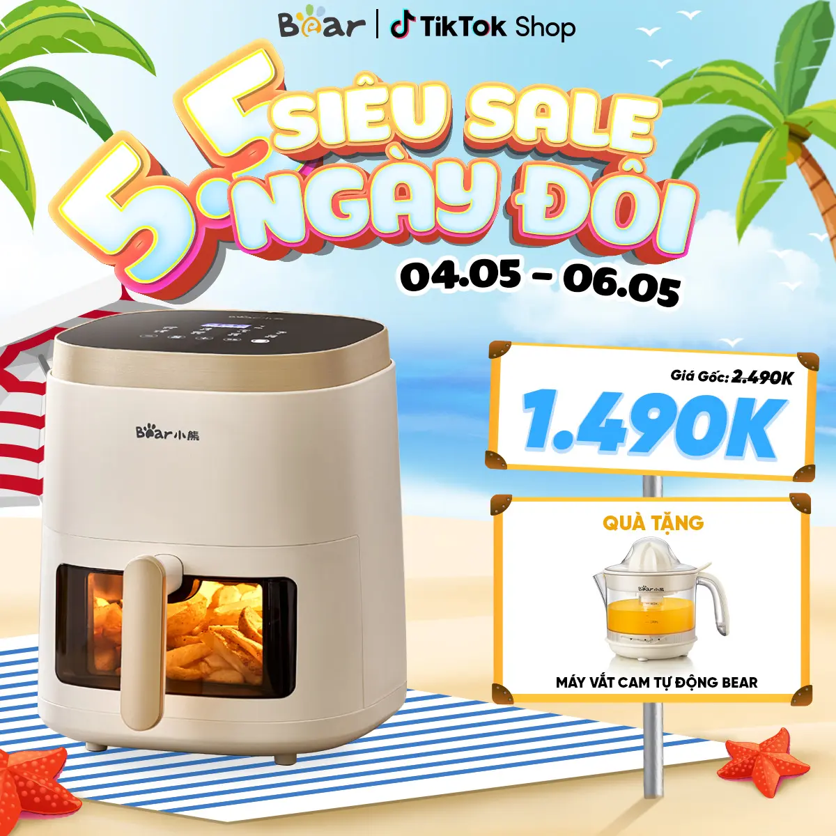 【MUA 1 TẶNG 1】Nồi chiên không dầu 5L Bear QZG-F15E3 [5L - CẢM ỨNG - 1500W]
