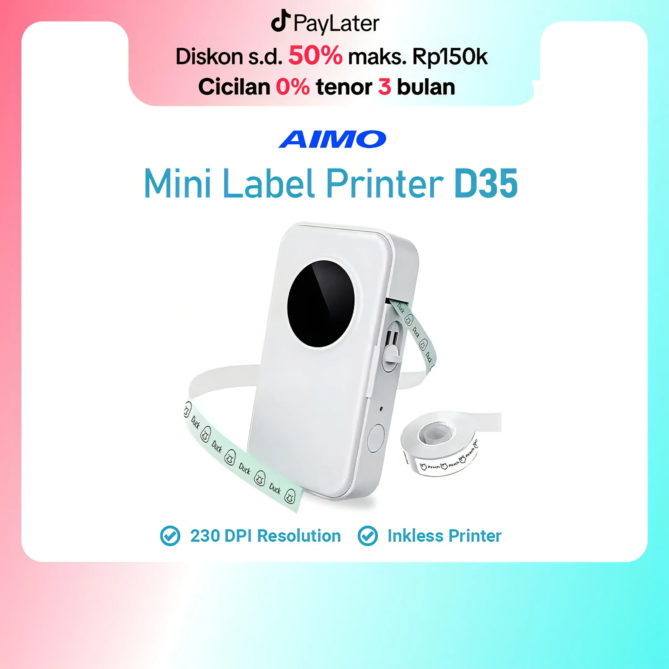 AIMO D35 Smart Label Pocket Thermal Printer Wireless Bluetooth Portable Mini Printer Label Inkless Tanpa Tinta <15 mm