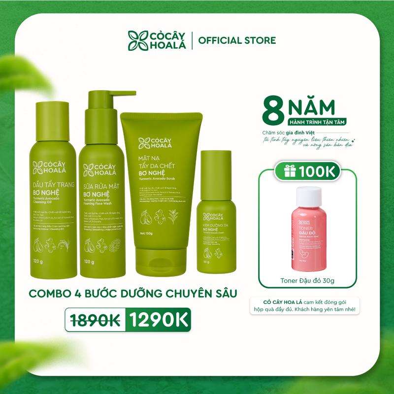  Combo Bơ Nghệ 4 Bước Dưỡng Ẩm Sâu Cỏ Cây Hoa Lá: Dầu Tẩy Trang Bơ Nghệ 120g Sữa Rửa Mặt Bơ Nghệ 120g Mặt Nạ Tẩy Tế Bào Chết Bơ Nghệ 150g Kem Dưỡng Da Bơ Ngệ 50g 