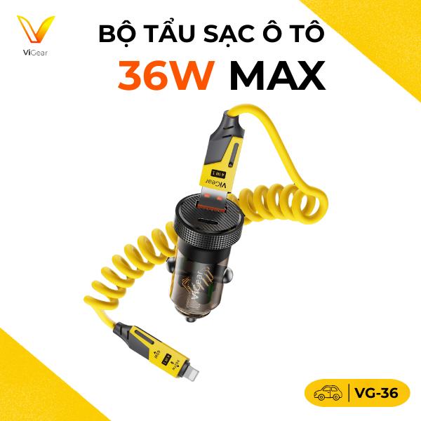   ViGear  Bộ tẩu sạc ô tô sạc nhanh ViGear VG-36 trong suốt kèm cap sạc 4in1 QC 3.0 PD 3.0 và PPS USB Type-C và USB-A + Type-C sạc nhanh tương thích với iPhone iPad Samsung Huawei Xiaomi 