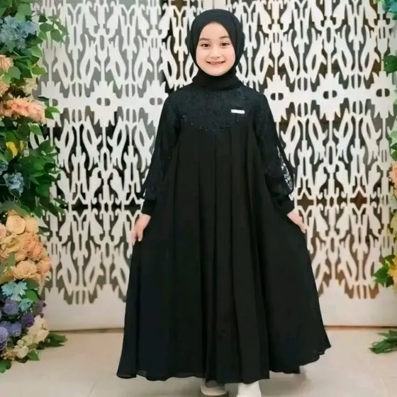 Inara Dress Kids Syari Baju Gamis Muslim Cantik Motif Brukat Bunga Anak Perempuan Ceruty Babydol Premium 5-12 Tahun Size L dan XL Panjang dan Tanggung Shakila Set Kerudung Pasmina Lebaran 2025 4