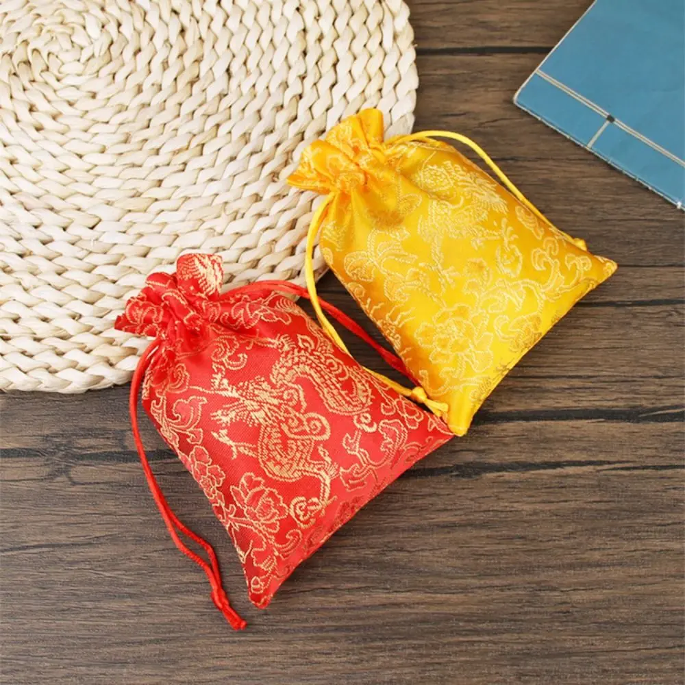 Sweet Dragon Embroidery Flower Drawstring Bag Storage Bag Large Capacity Small Coin Purse Wallet Jewelry Packing Bag Hanfu Wrist Bag Festive Sugar Bag Female/Girls