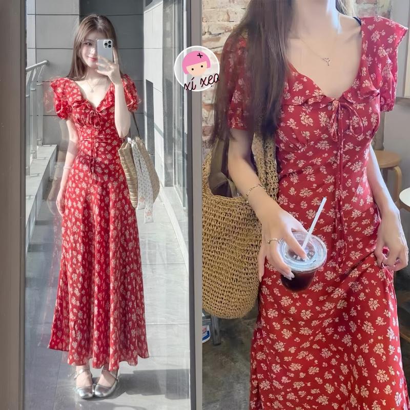 Váy cổ v dáng dài hoa nhí phong cách tiểu thư hàn quốc - V155