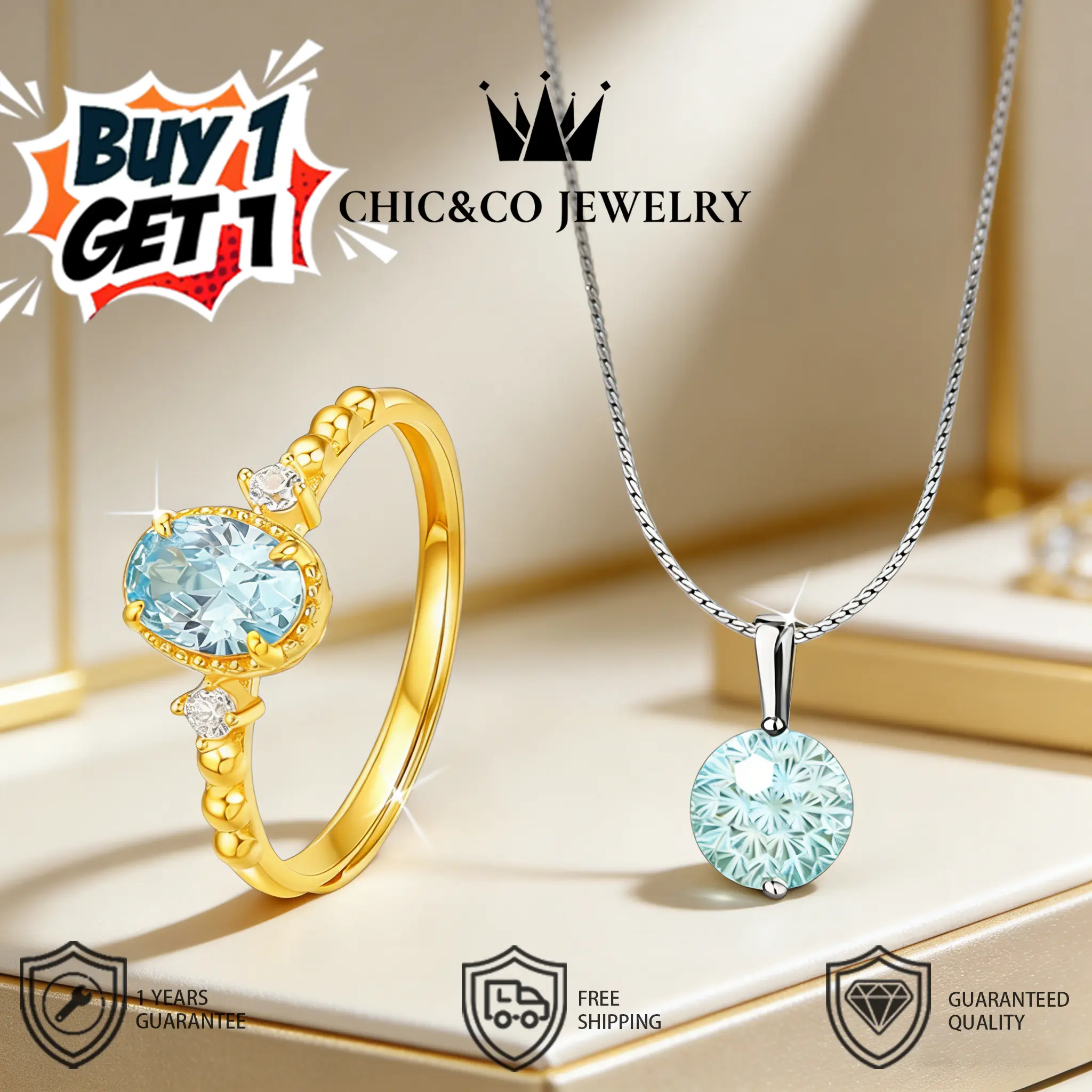 [BUY 1 GET 1] Cincin Titanium Aquamarine & Kalung Zircon Gradasi Warna elegan desain penuh berlian cocok untuk sehari-hari & pesta Anti pudar adjustable garansi 1 tahun dari 153 243