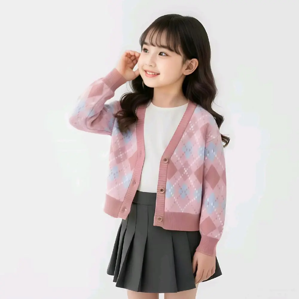 Kyon - Sido Cardigan Atasan Baju Anak Perempuan Bahan Rajut Fashion Kids dengan Desain Argyle Warna Pink dan Biru