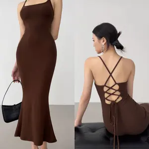 7859 coffee dress plus size sexy sleeveless dress korean backless dress midi summer beach dress hitam pesta seksi Tanpa lengan Gaun Formal