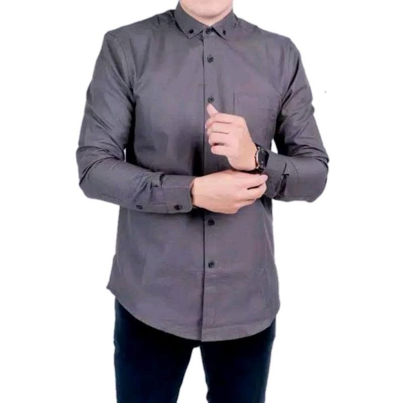 Kemeja Pria Dewasa Lengan Panjang Warna Dark Grey Kasual Slimfit Hem Cowo Formal Baju Casual 1