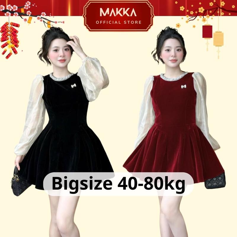 Váy nhung nữ MAKKA váy thiết kế dáng dài phối tay tơ cổ đính đá ngọc gắn nơ ngực siêu xinh 5010