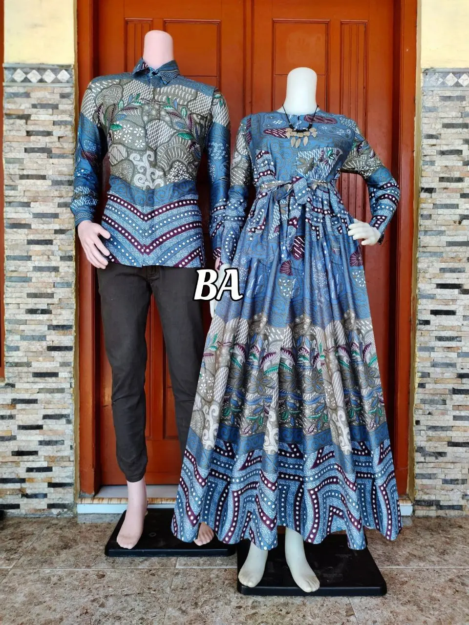 Baju Batik Couple Kemeja Lengan Panjang & Gamis Cantik Motif Seroja Biru Terbaru katun wanita Pasangan Dress Sarimbit Keluarga