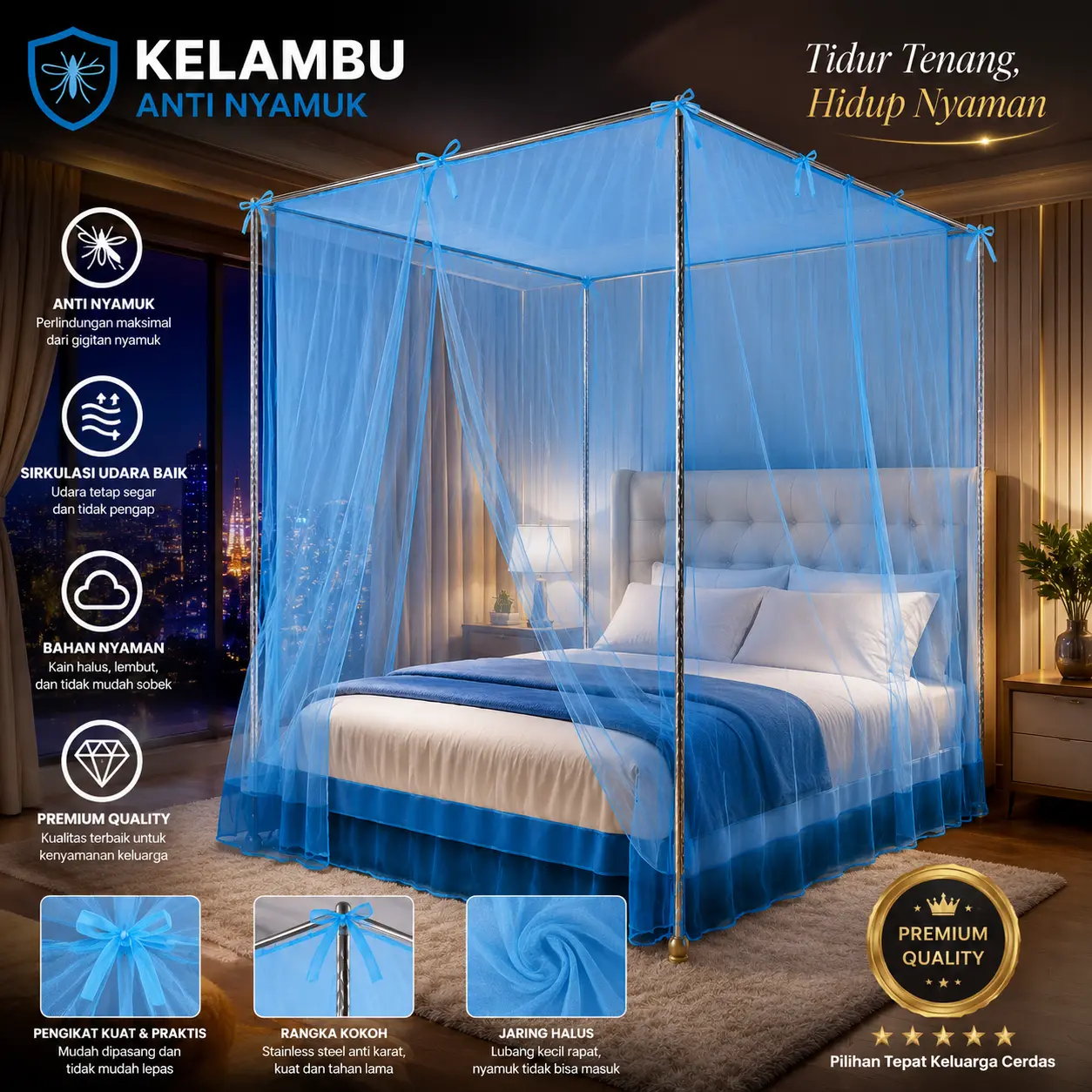 Anti Nyamuk Kelambu Polyster Polos Berbagai Pilihan Warna Ukuran Super Jumbo 200X200 Kualitas Premium