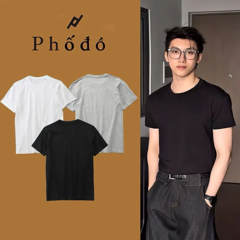 combo 3 áo thun trơn cổ tròn cotton 65/35 phodo ( trắng - đen - xám - xám đậm - nâu - be
