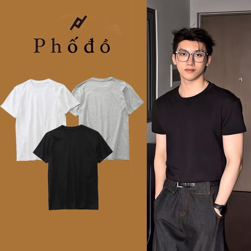 combo 3 áo thun trơn cổ tròn cotton 65 35 phodo trắng - đen - xám - xám đậm - nâu - be