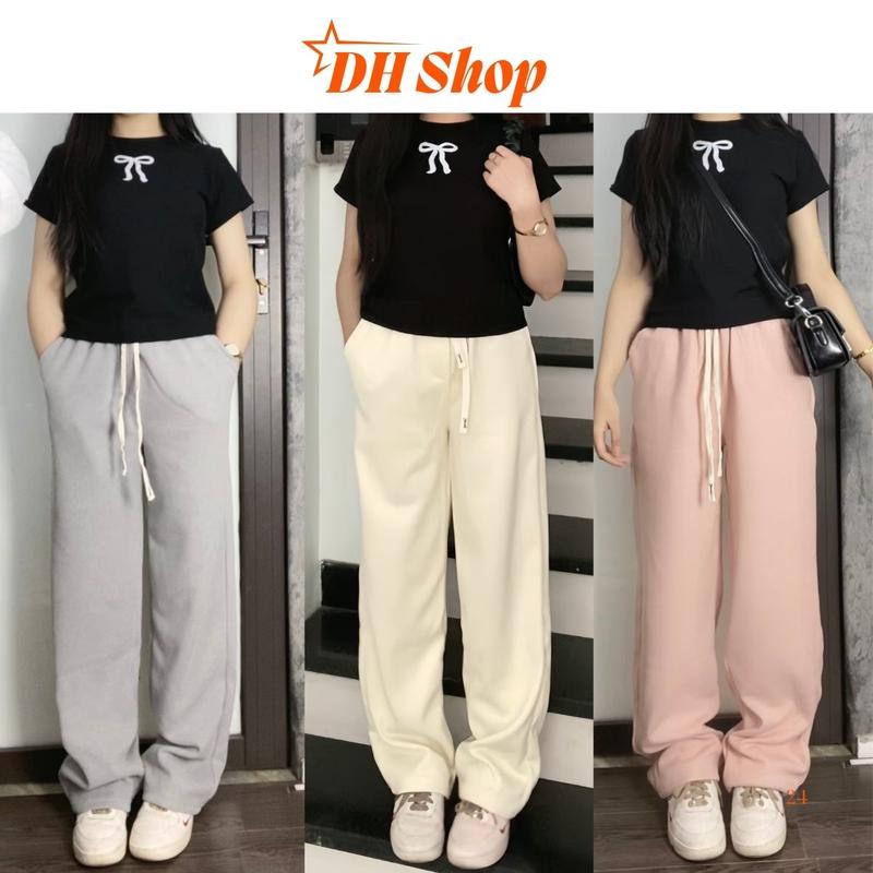 Quần ống suông rộng thun tăm nam nữ, Quần nỉ nhung tăm Unisex kiểu quần dài ống suông cạp chun lưng cao có dây rút chỉnh eo Pants Baggy Ong Đen, Trắng, Hồng Ong Đen