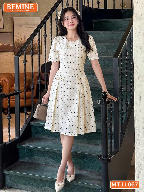 Đầm thiết kế BEMINE cổ tròn họa tiết chấm bi dáng chữ A phù hợp đi làm-MT11067