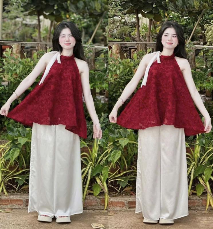  Sét đồ nữ áo cổ yếm lông cúc cột nơ cổ kèm quần tuyết nhung suông dài sang chảnh trẻ trung 