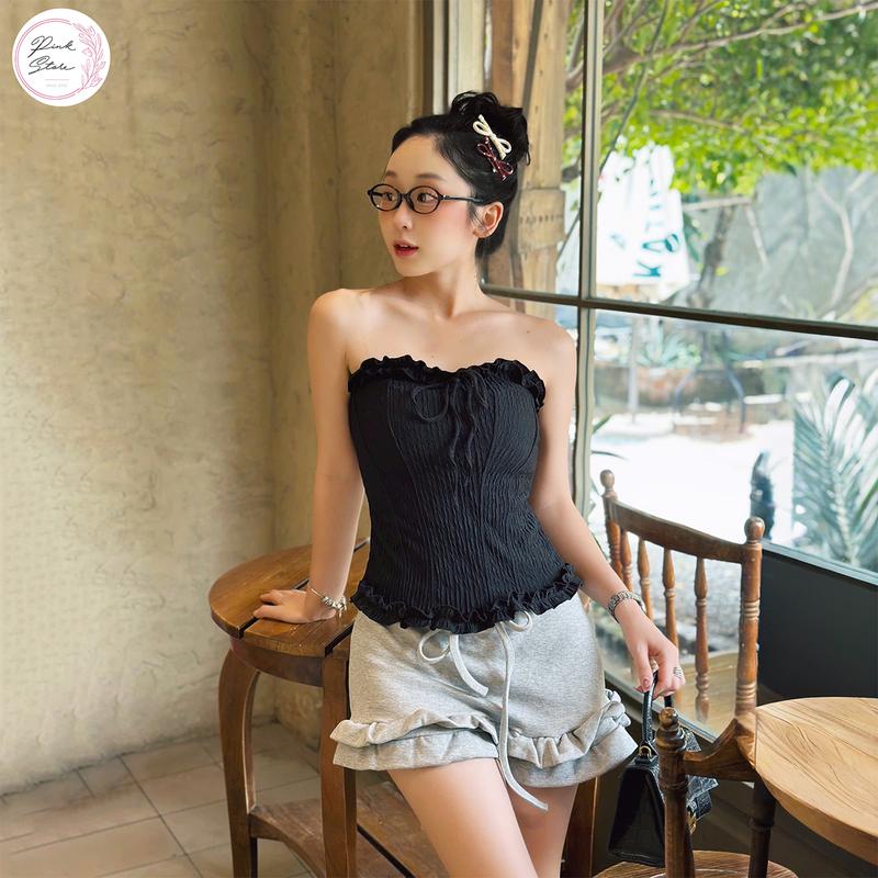 Áo Ống Nữ Cúp Ngực Kiểu Viền Bèo PINKSTORE29 Có Dây Buộc Cổ, Phong Cách Xinh Xắn A5786 Women Top