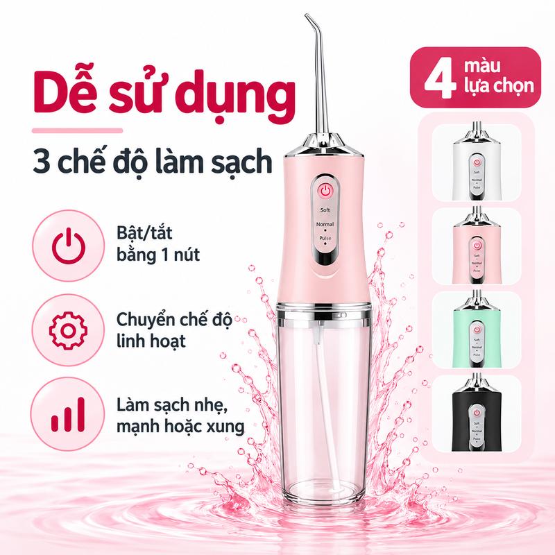 Máy Tăm Nước Du Lịch Mini, Thiết Kế Nhỏ Gọn, 3 Chế Độ Phun, 4 Đầu Tăm Thay Thế