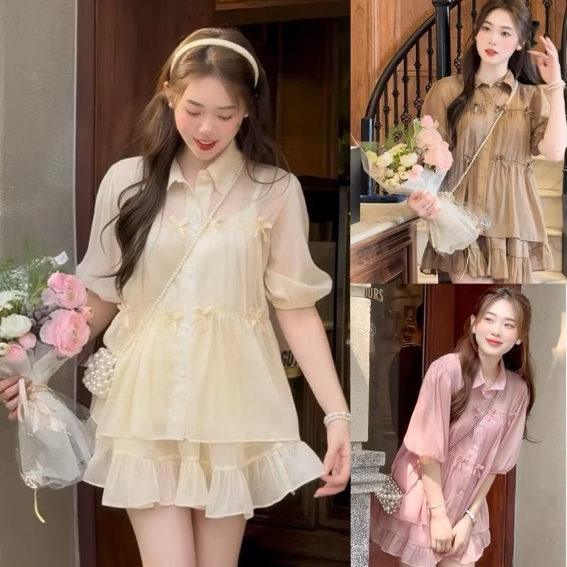 Set bộ tơ cổ đức đính nơ phom babydoll kèm chân váy xoè có quần bảo hộ dilyshop - S104