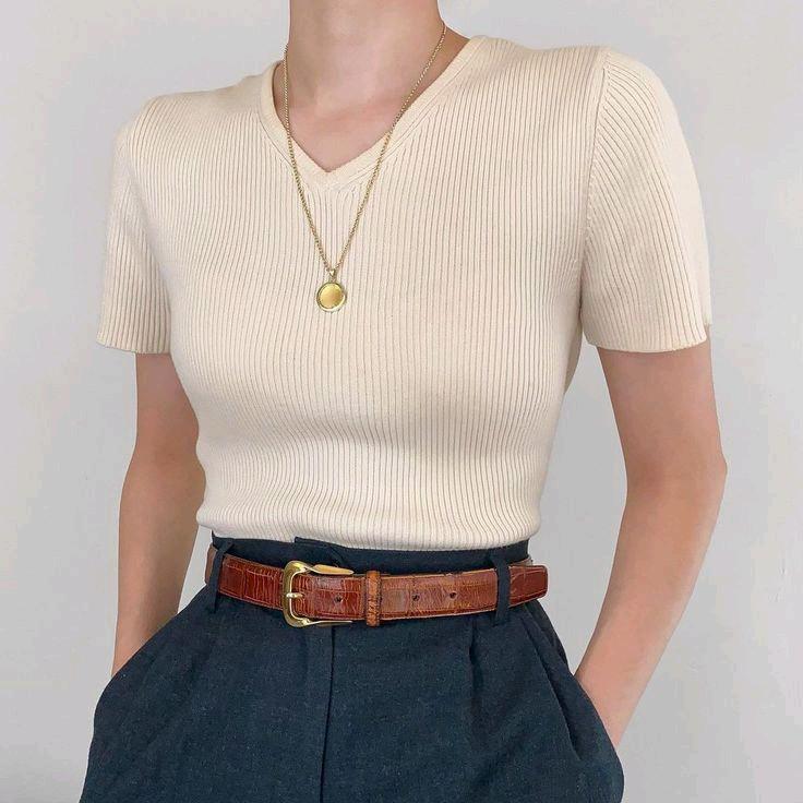 Atasan wanita V-Neck Lengan pendek kaos rip kaos rajut wanita 0