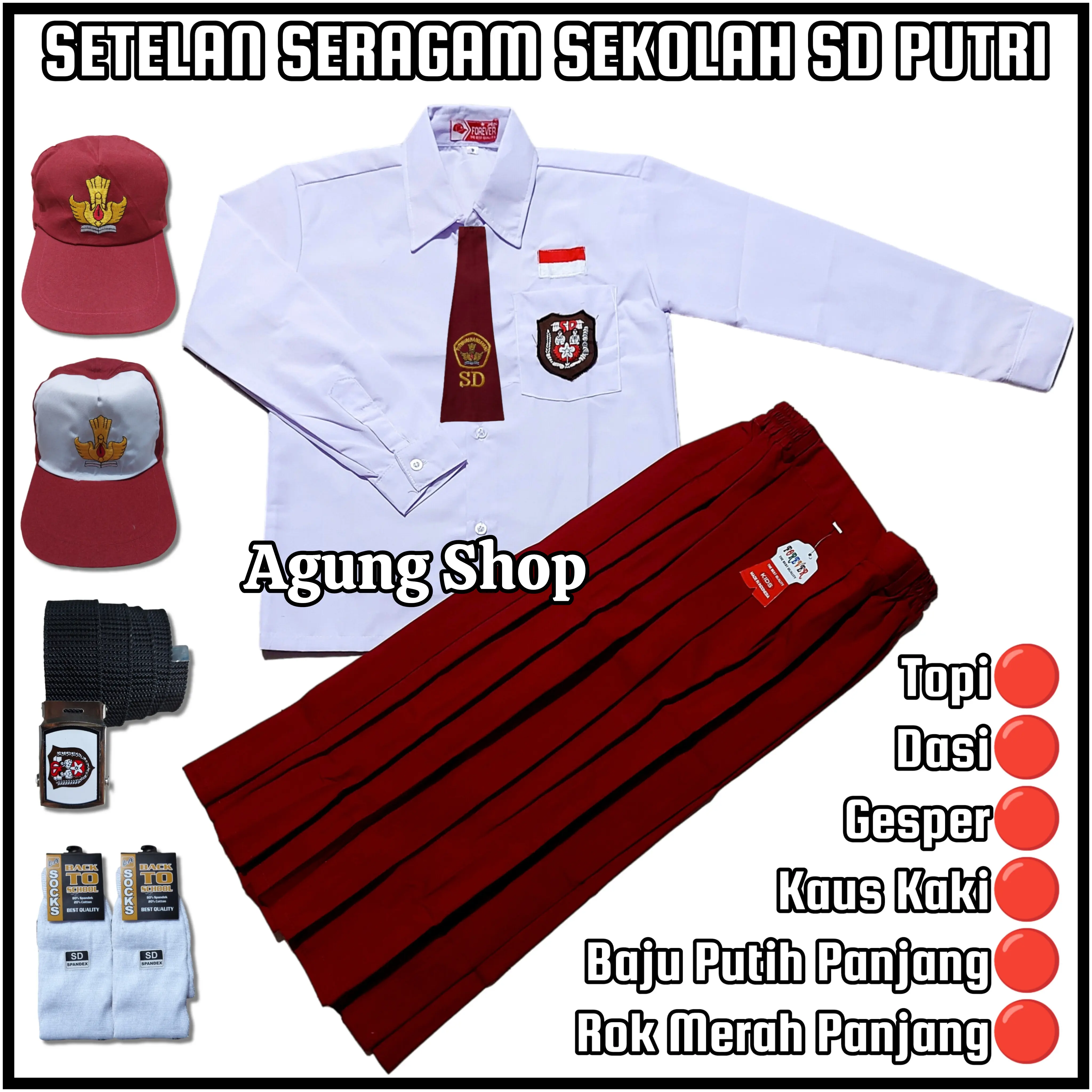 Setelan Seragam Sekolah SD Perempuan Merah Putih Baju Putih Lengan Panjang Rok Merah Panjang