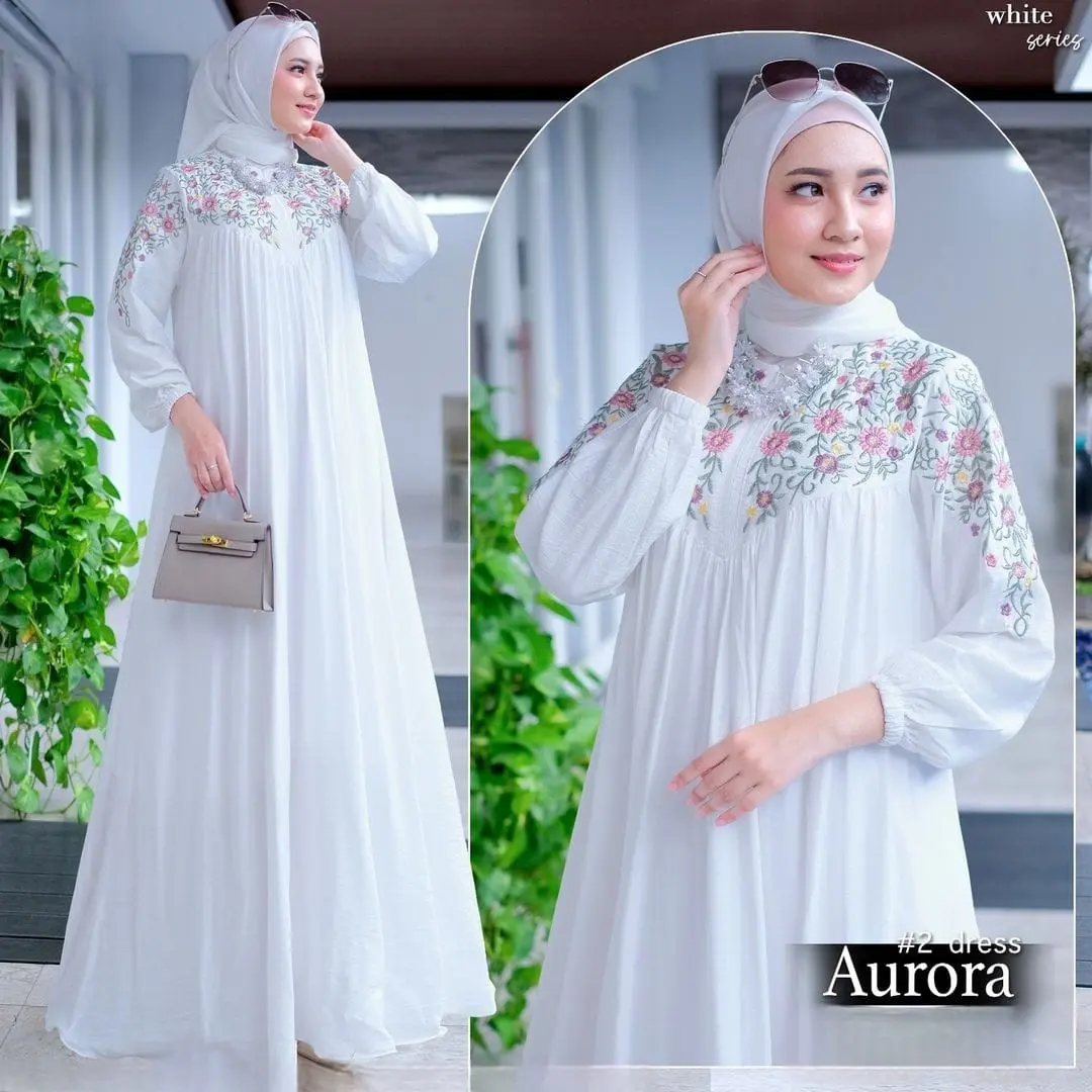 Paula Dress Gamis Wanita Kekinian Bahan Crinkle Airflow Aplikasi Bordir Motif Simple Mewah Elegant