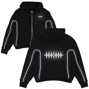 Hoodie Boxy Double Zipper Oversize List Menyala Sablon Reflective Distort Hitam