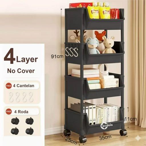 Modern Black 4-Layer Utility Cart - Space-Saving Rolling Organizer for Kitchen/Home A22 Hitam A14