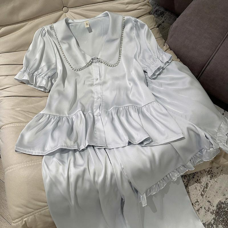 N257- Pijama 3 món  Lụa tiểu thư hoạ tiết cổ phối viền ngọc cho nữ- Bộ ngủ mặc nhà hàng quảng châu cao cấp