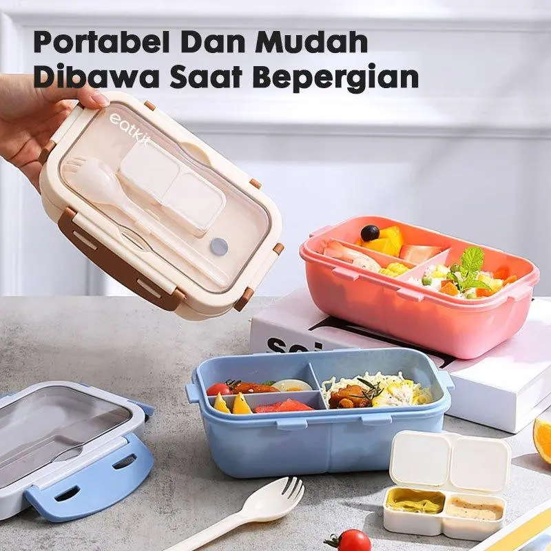 eatkit 3 in 1 Kotak Makan Set 840ml Desain Kompartemen Lunch Box Microwave Gratis Alat Makan Box Saus Kitchenware 6
