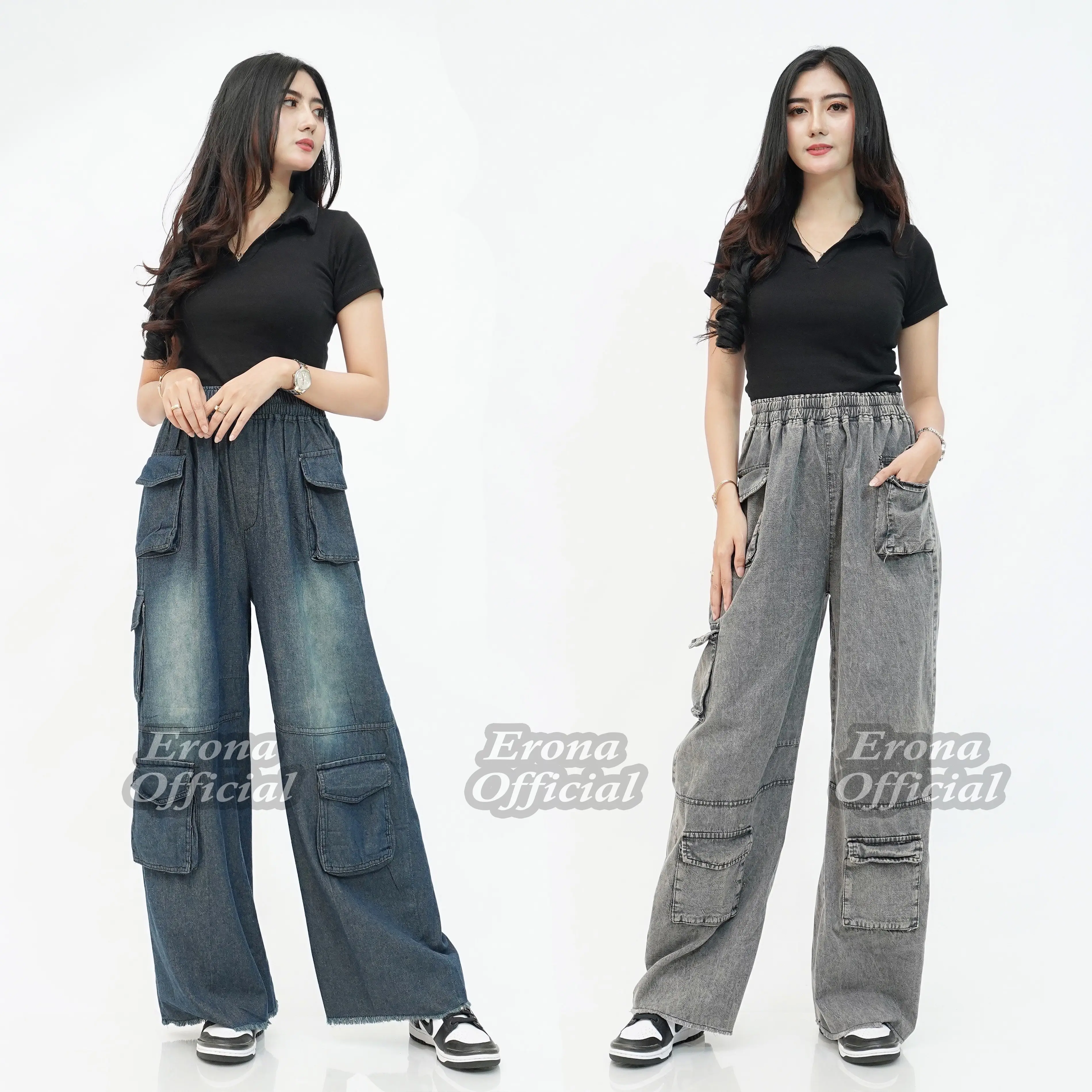 Erona_id - Celana Jeans Kulot Cargo Rawis / Unfinished Panjang Wanita Skena Kekinian 2025 dengan Karet Pinggang Elastis dan 5 Kantong Samping-Depan-Bawah Dewasa Cewek